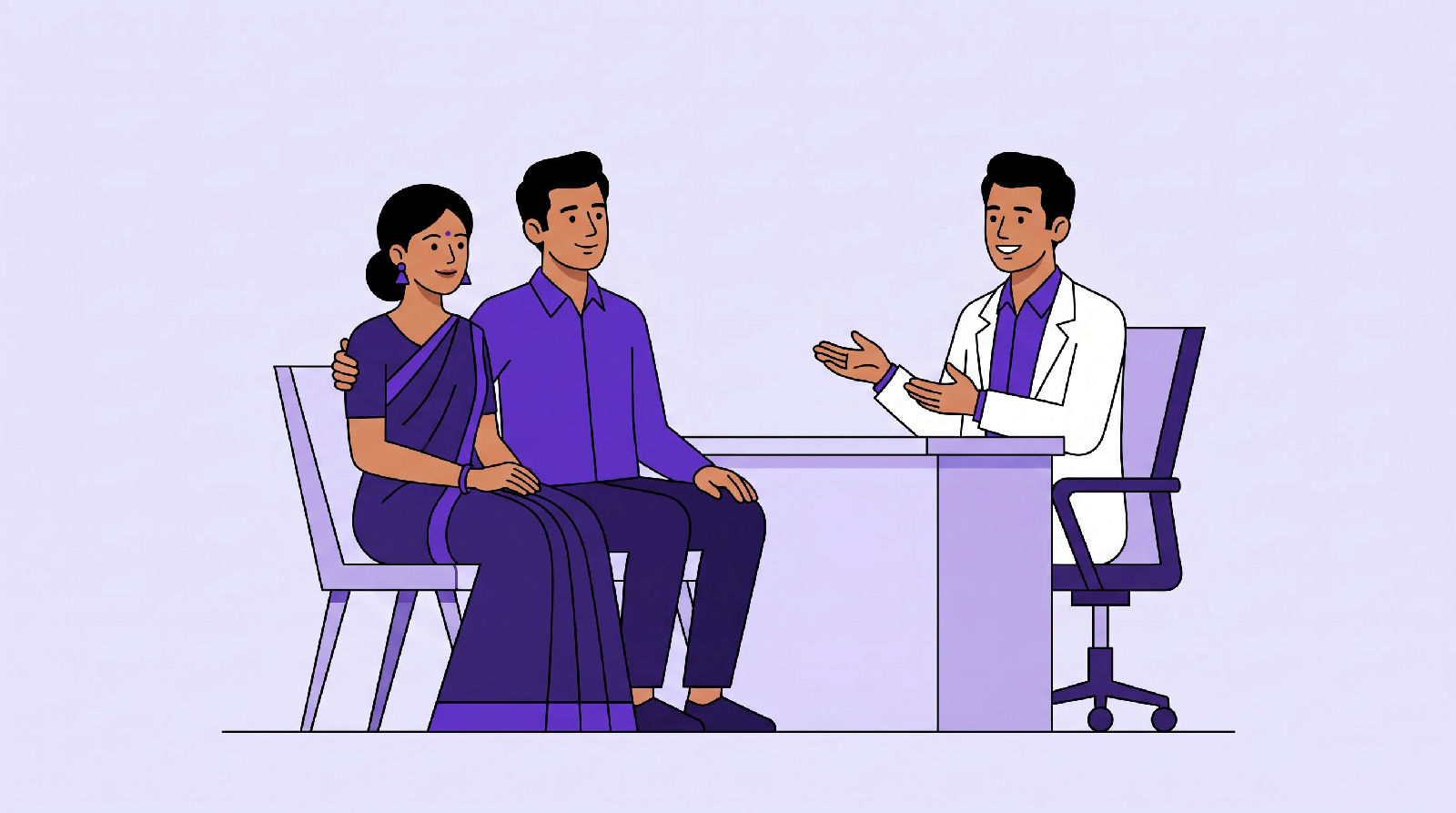A couple speaking with a doctor in a clinic about treatment options